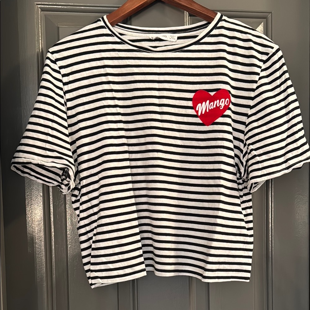 Mango white black striped Short Sleeve Tee Top